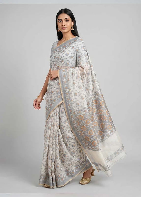 White Pure Cotton Saree With Blouse Piece One Size
