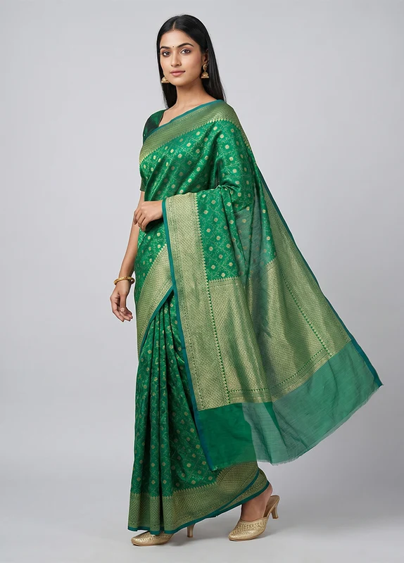 Green Kora Silk Saree With Blouse Piece One Size