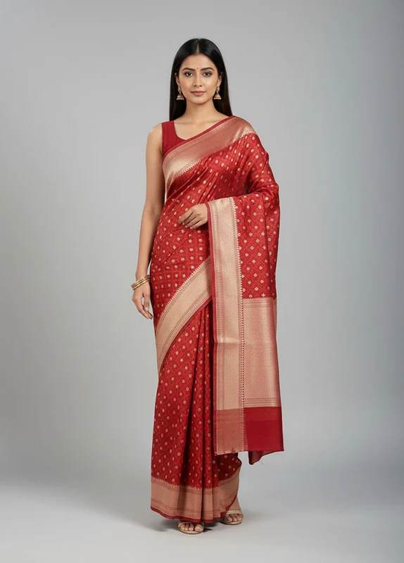 Red Kora Silk Saree With Blouse Piece One Size