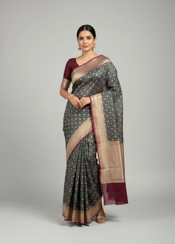 Maroon Kora Silk Saree With Blouse Piece One Size