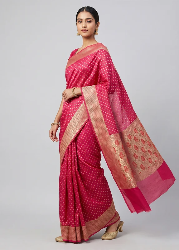 Pink Kora Silk Saree With Blouse Piece One Size
