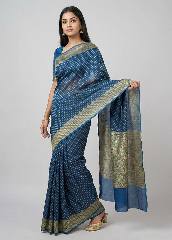 Blue Kora Silk Saree With Blouse Piece One Size