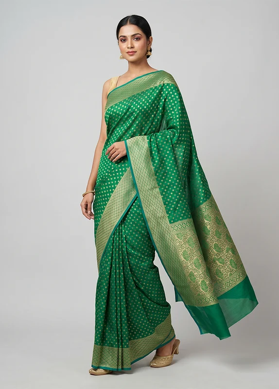Green Kora Silk Saree With Blouse Piece One Size