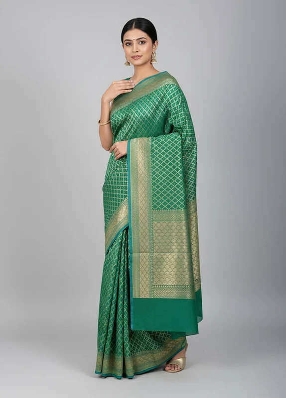 Green Kora Silk Saree With Blouse Piece One Size