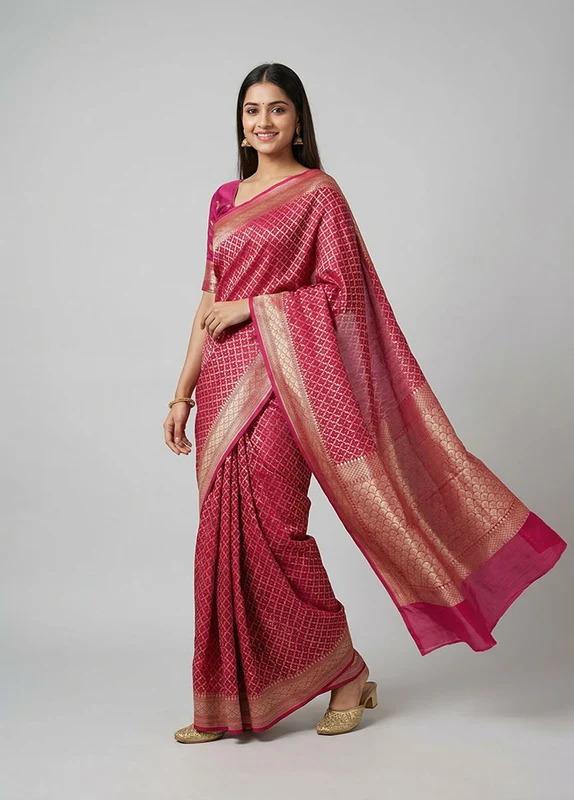 Pink Kora Silk Saree With Blouse Piece One Size