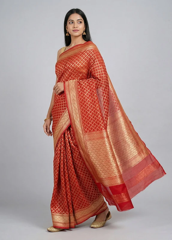 Red Kora Silk Saree With Blouse Piece One Size