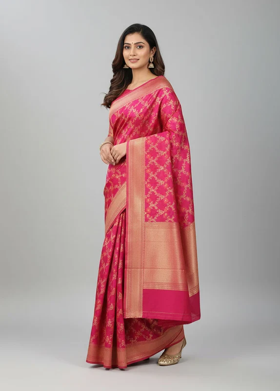 Pink Kora Silk Saree With Blouse Piece One Size