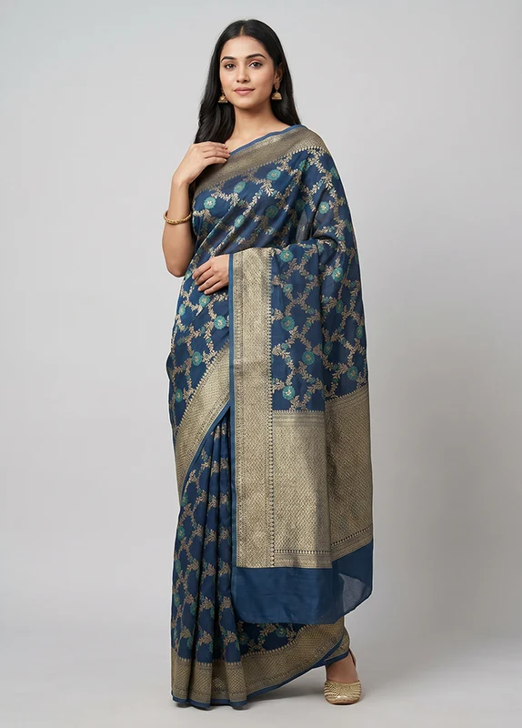 Blue Kora Silk Saree With Blouse Piece One Size