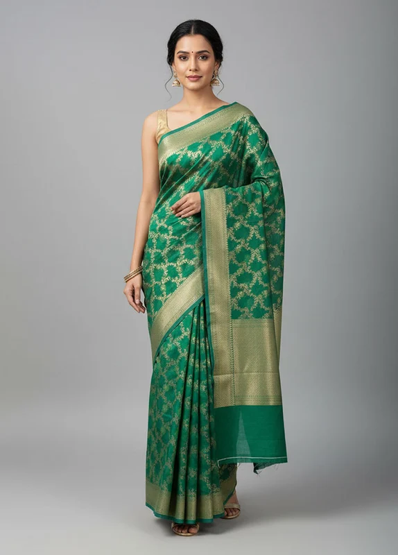 Green Kora Silk Saree With Blouse Piece One Size