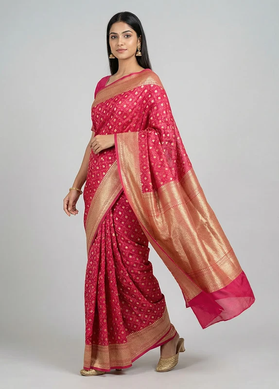 Pink Kora Silk Saree With Blouse Piece One Size
