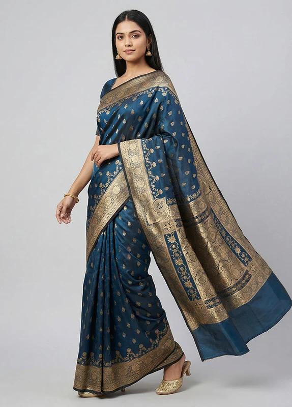 Blue Banarasi Silk Saree With Blouse Piece One Size