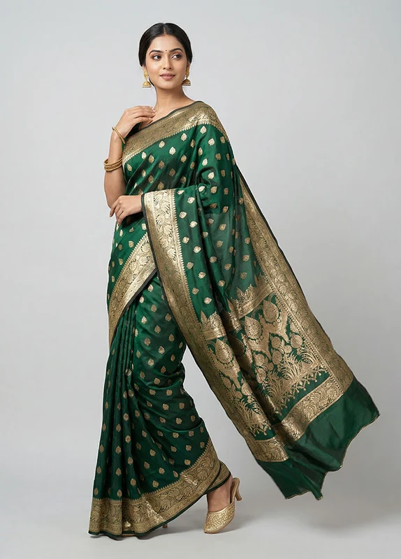 Green Banarasi Silk Saree With Blouse Piece One Size