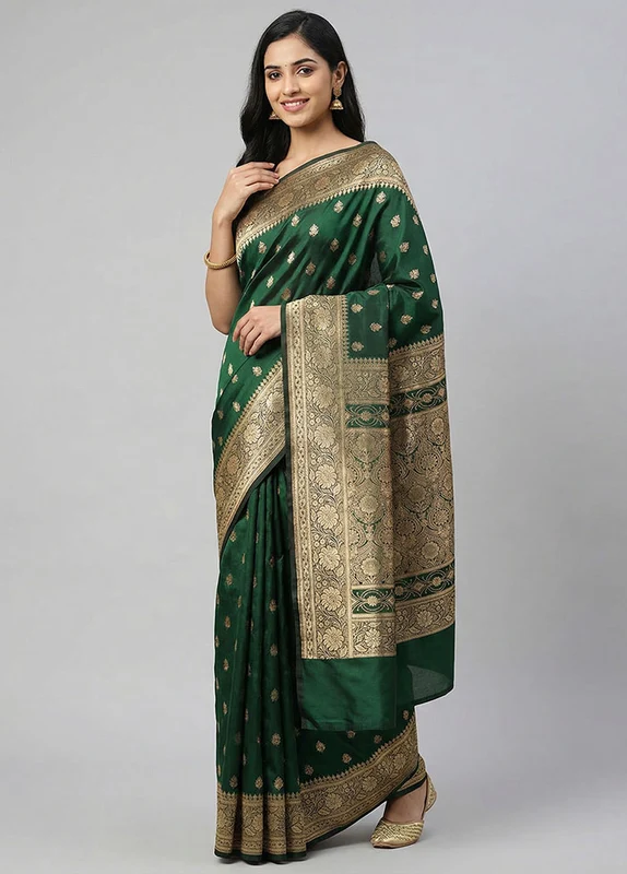 Green Banarasi Silk Saree With Blouse Piece One Size