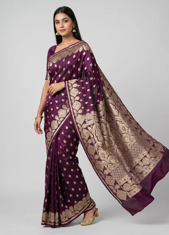 Purple Handloom Banarasi Pure Silk Saree With Blouse Piece One Size