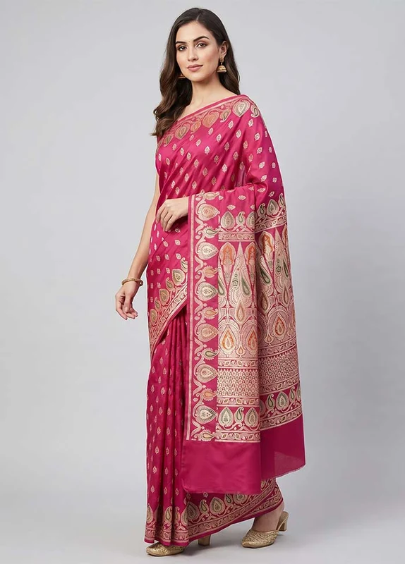 Pink Handloom Banarasi Pure Silk Saree With Blouse Piece One Size