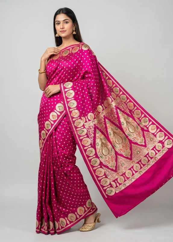 Pink Handloom Banarasi Pure Silk Saree With Blouse Piece One Size