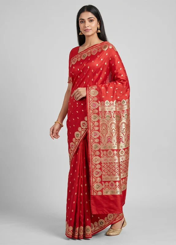 Red Handloom Banarasi Pure Silk Saree With Blouse Piece One Size