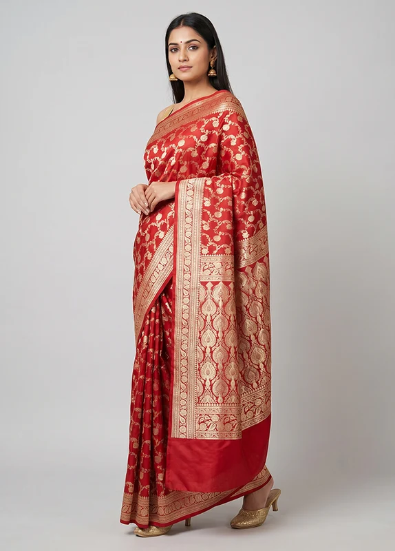 Red Handloom Banarasi Pure Silk Saree With Blouse Piece One Size