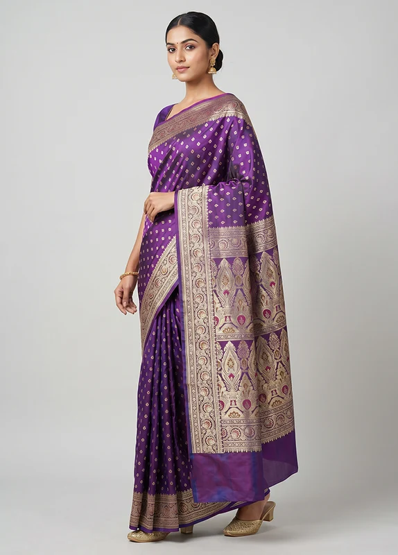 Purple Handloom Banarasi Pure Silk Saree With Blouse Piece One Size