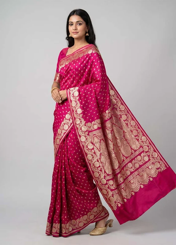 Pink Handloom Banarasi Pure Silk Saree With Blouse Piece One Size