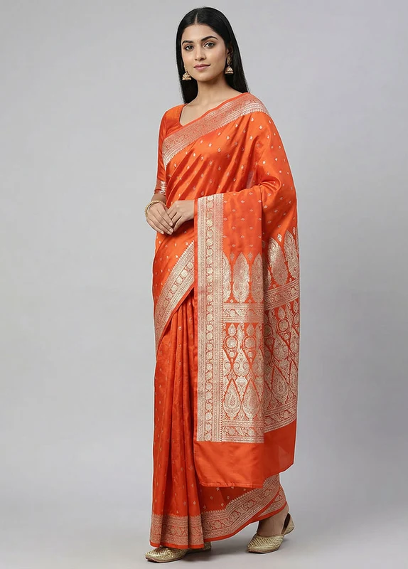 Orange Handloom Banarasi Pure Silk Saree With Blouse Piece One Size