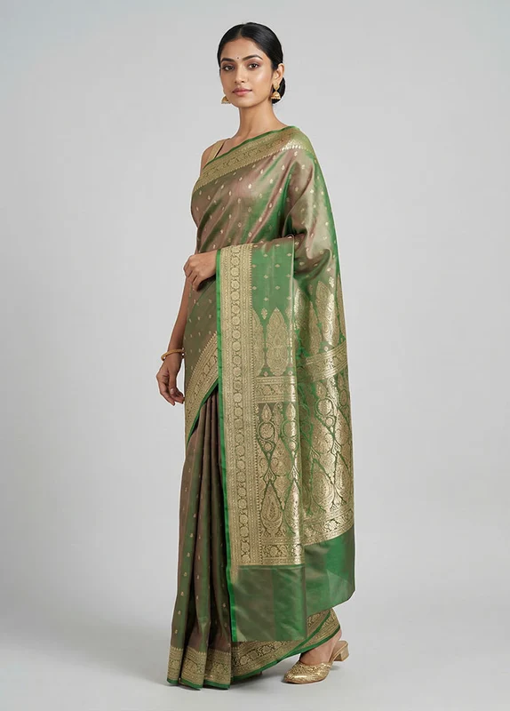 Green Handloom Banarasi Pure Silk Saree With Blouse Piece One Size