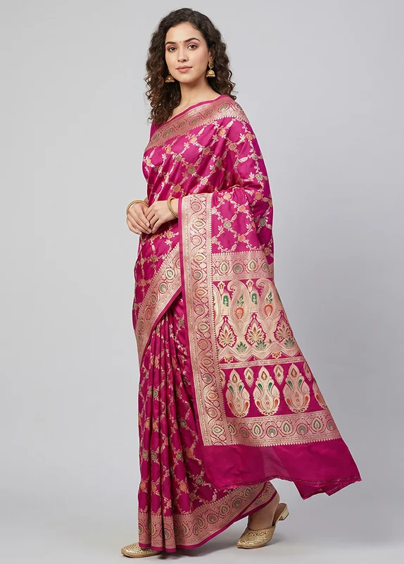 Pink Handloom Katan Pure Silk Saree With Blouse Piece One Size