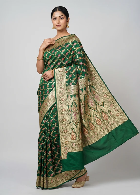 Green Handloom Katan Pure Silk Saree With Blouse Piece One Size