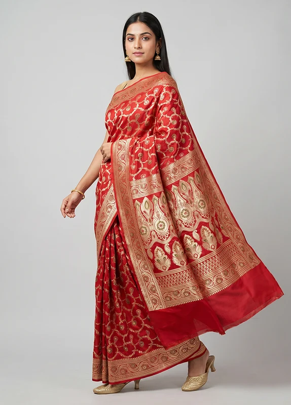 Red Handloom Katan Pure Silk Saree With Blouse Piece One Size