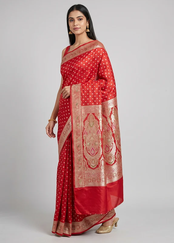 Red Handloom Banarasi Pure Silk Saree With Blouse Piece One Size