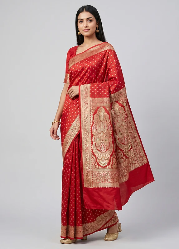 Red Handloom Banarasi Pure Silk Saree With Blouse Piece One Size