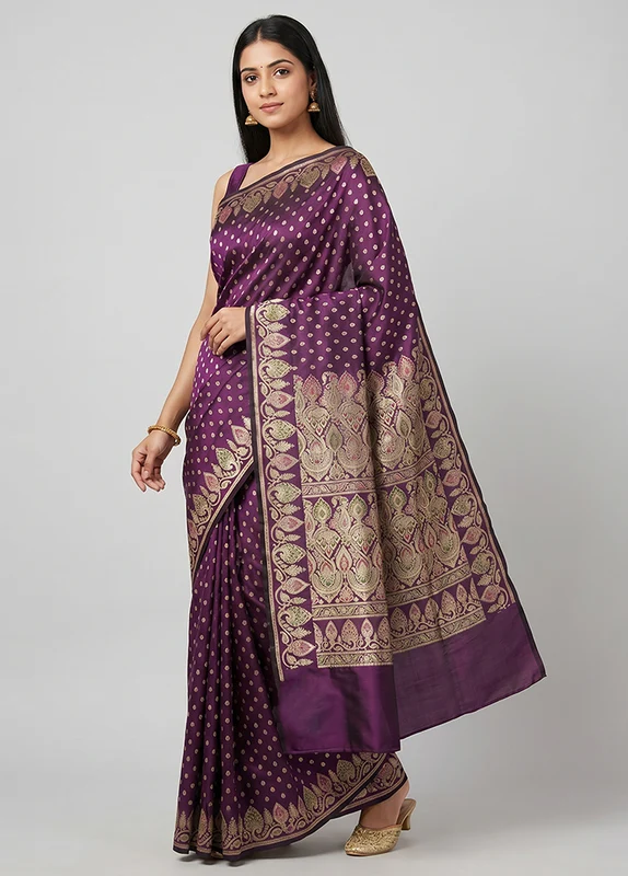 Purple Handloom Banarasi Pure Silk Saree With Blouse Piece One Size