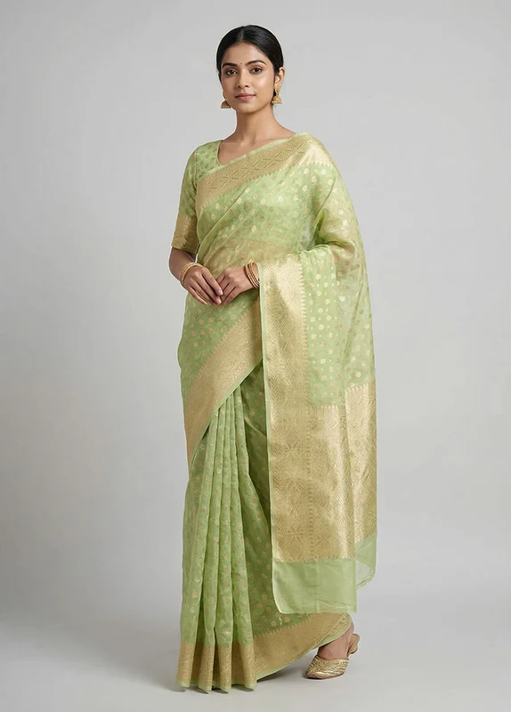 Green Kora Silk Saree With Blouse Piece One Size