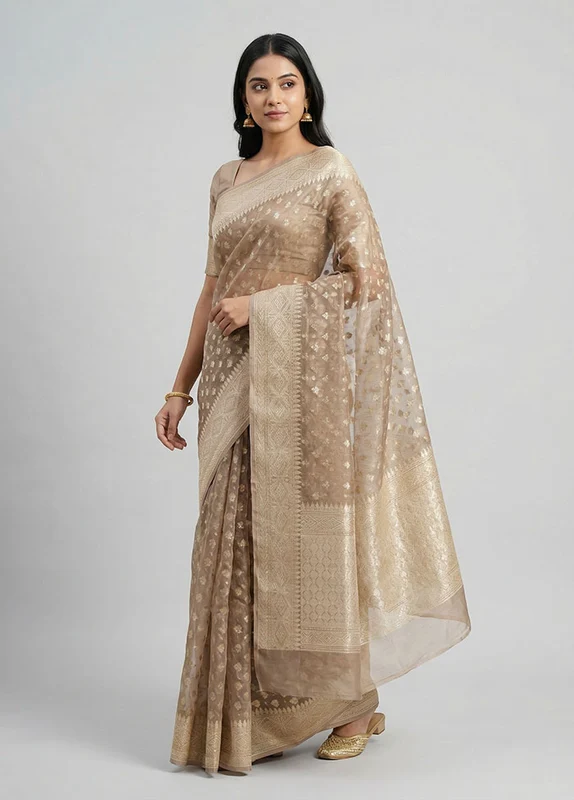Cream Kora Silk Saree With Blouse Piece One Size