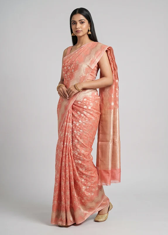 Pink Kora Silk Saree With Blouse Piece One Size