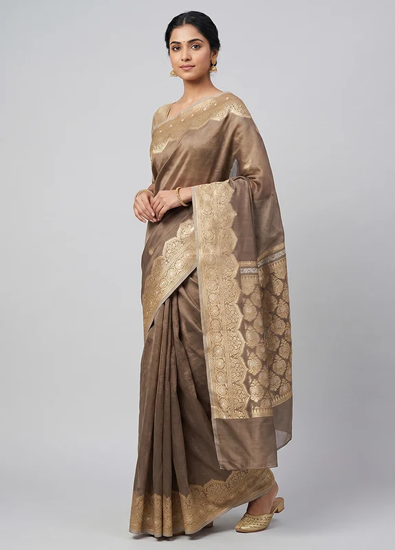 Cream Kora Silk Saree With Blouse Piece One Size