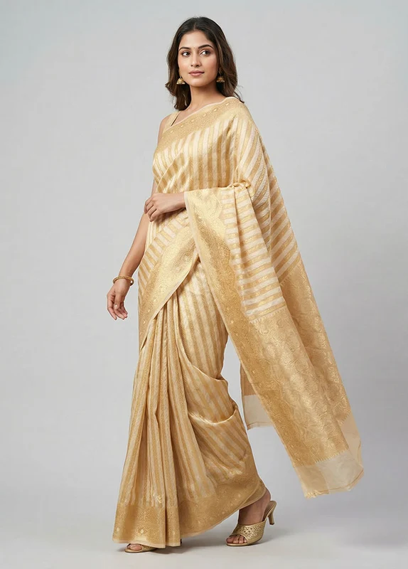 Cream Kora Silk Saree With Blouse Piece One Size