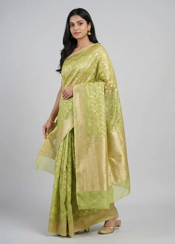 Green Kora Silk Saree With Blouse Piece One Size