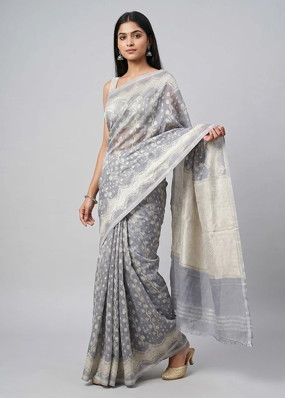 Grey Kora Silk Saree With Blouse Piece One Size