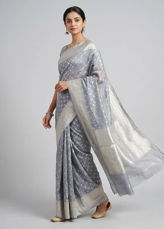 Grey Kora Silk Saree With Blouse Piece One Size