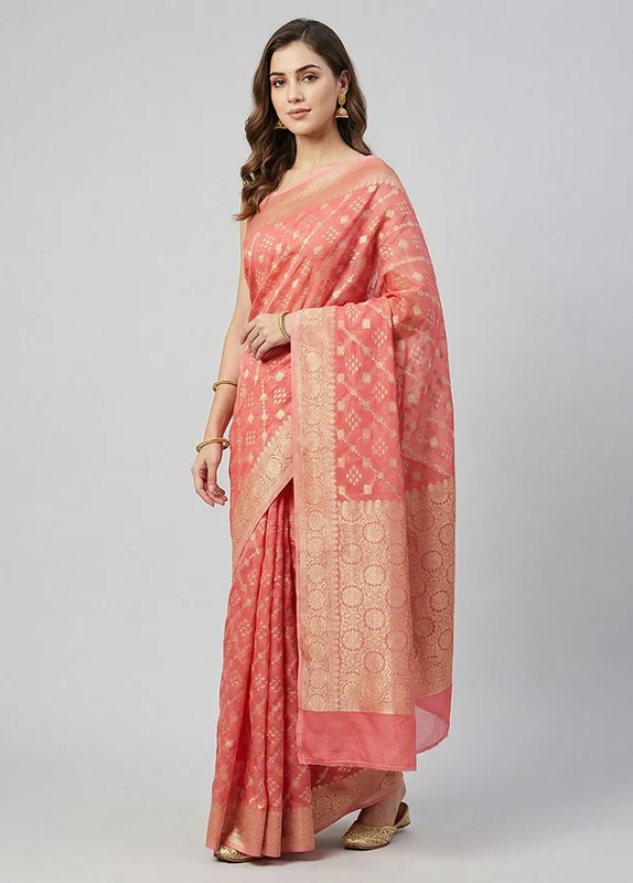 Pink Kora Silk Saree With Blouse Piece One Size