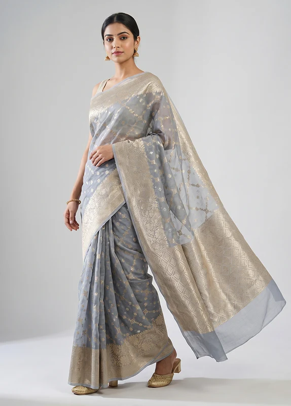 Grey Kora Silk Saree With Blouse Piece One Size