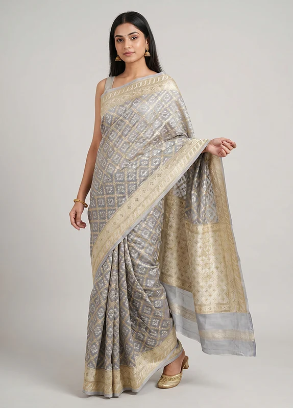Grey Kora Silk Saree With Blouse Piece One Size