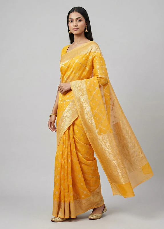 Yellow Kora Silk Saree With Blouse Piece One Size