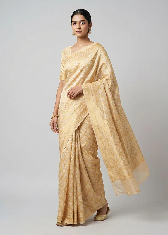 Cream Kora Silk Saree With Blouse Piece One Size