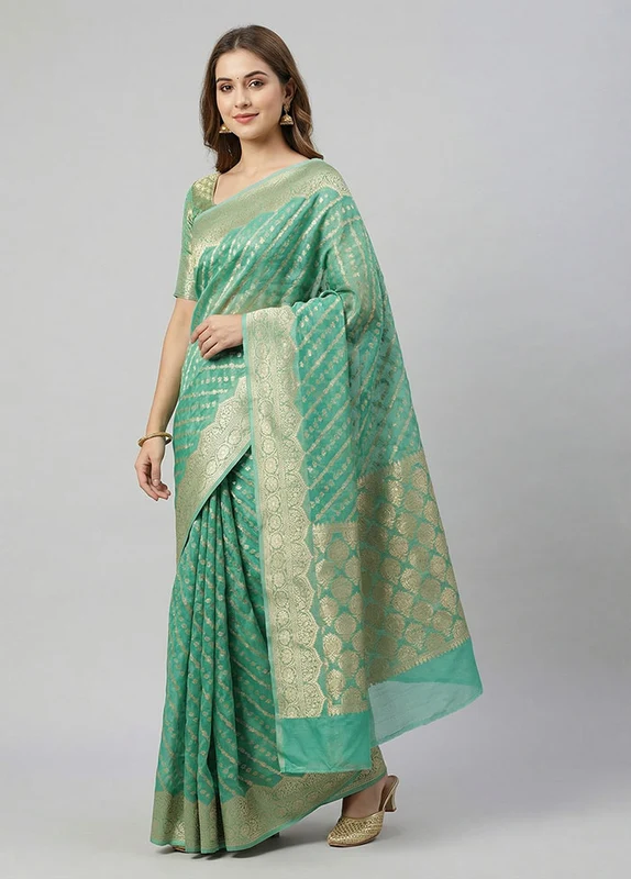 Green Kora Silk Saree With Blouse Piece One Size
