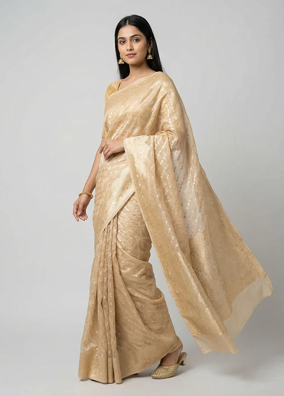 Cream Kora Silk Saree With Blouse Piece One Size