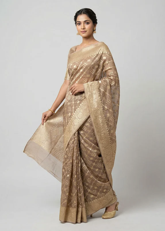 Cream Kora Silk Saree With Blouse Piece One Size