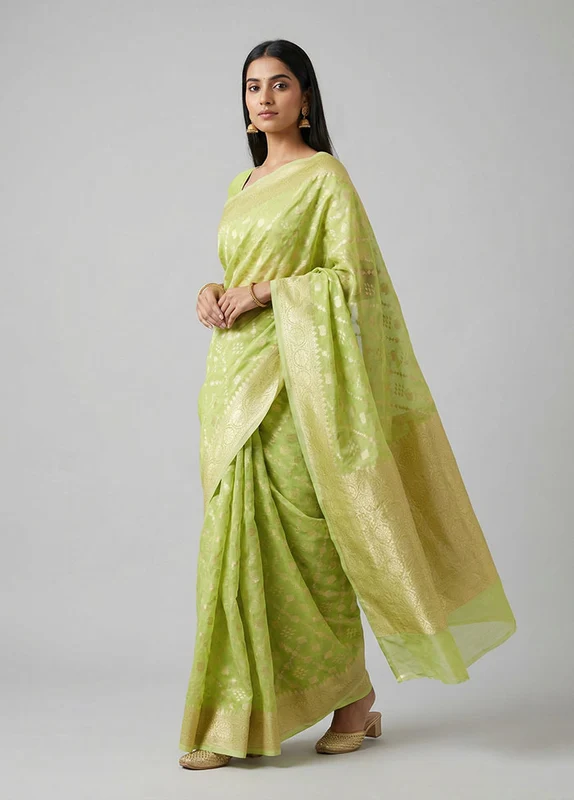 Green Kora Silk Saree With Blouse Piece One Size