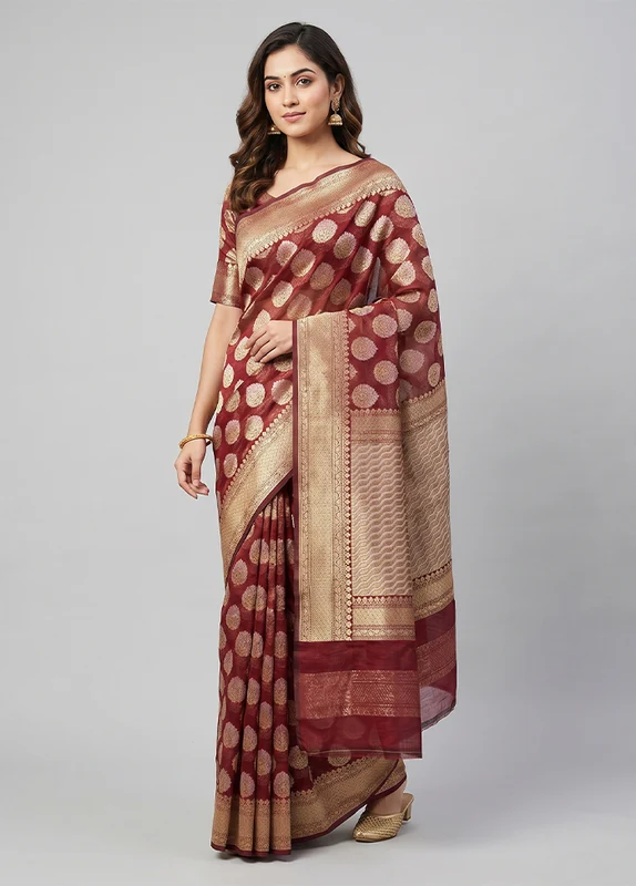 Maroon Kora Silk Saree With Blouse Piece One Size